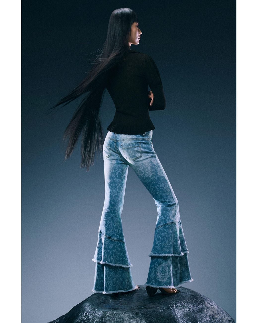 Desigual Blue Printed Flare Jeans, Cotton