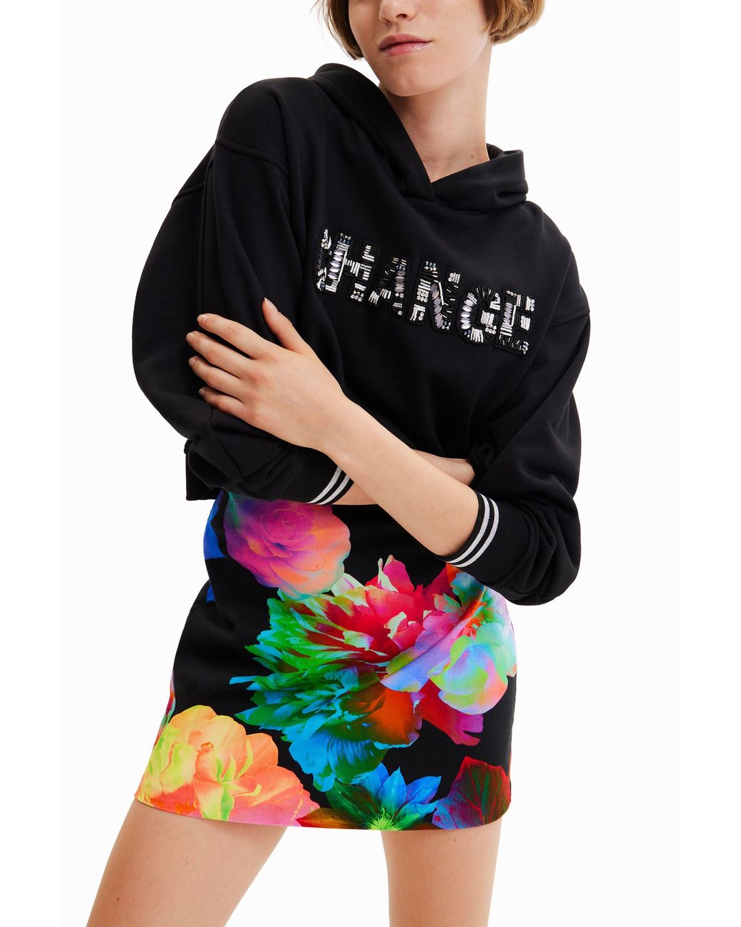 Desigual Black Slim Floral Mini Skirt, Cotton