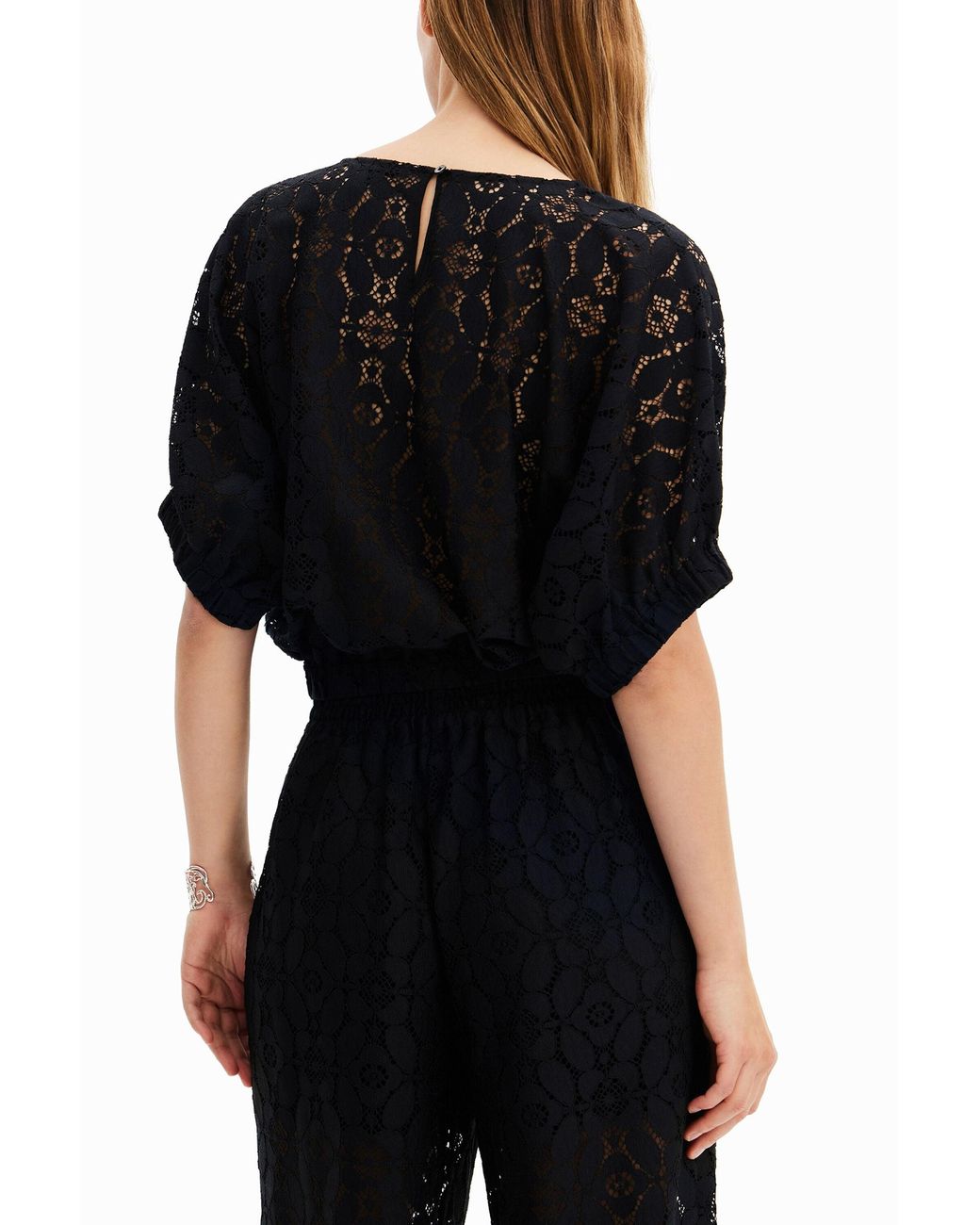 Desigual Black Short Puff-Sleeve Lace Blouse, Polyester