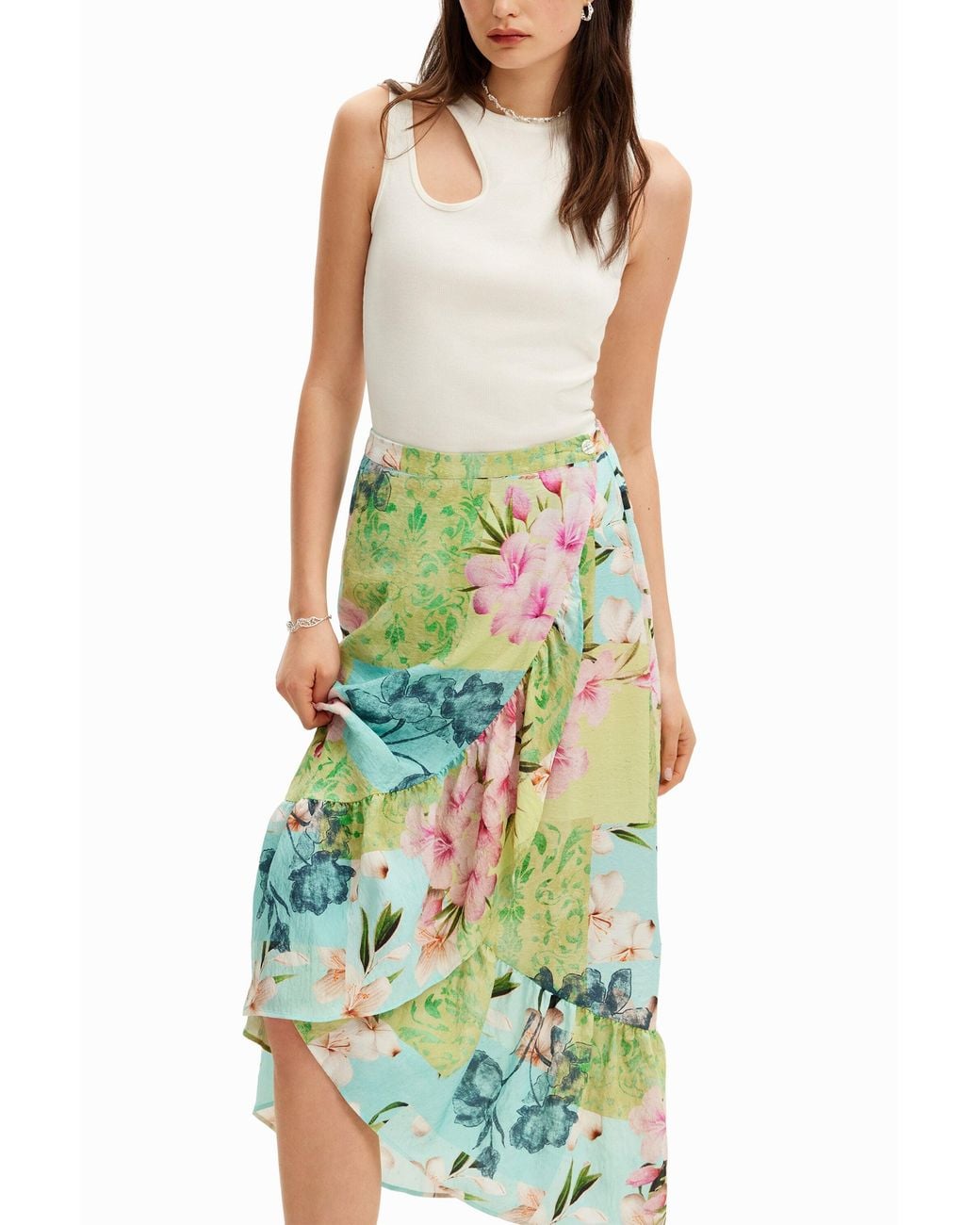 Desigual Green Floral Patchwork Midi Skirt