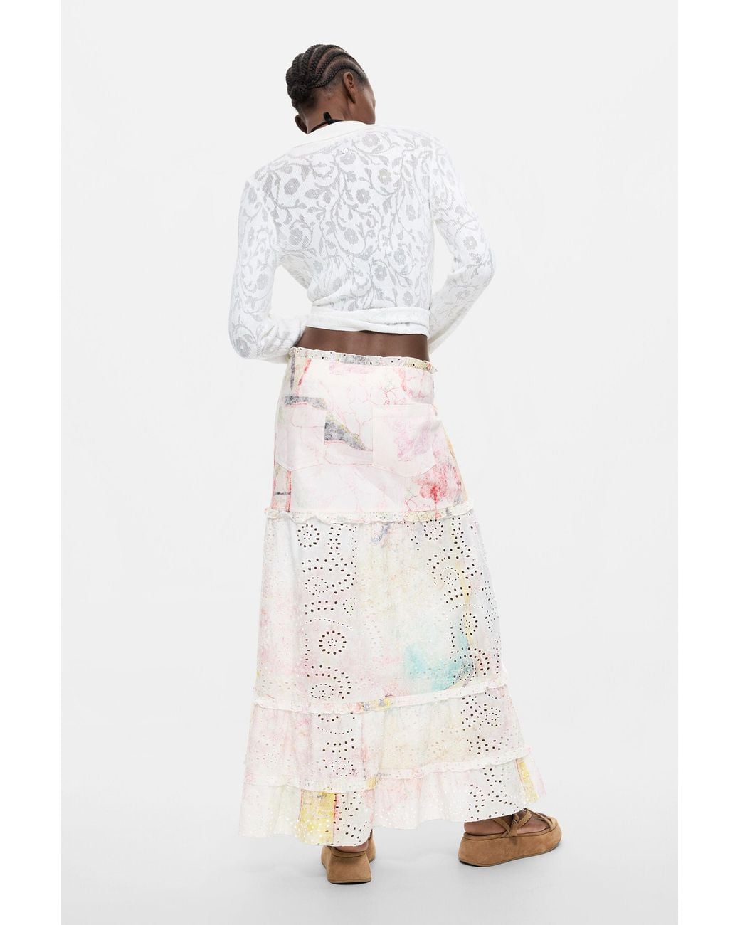 Desigual White Floral Printed Skirt, Cotton