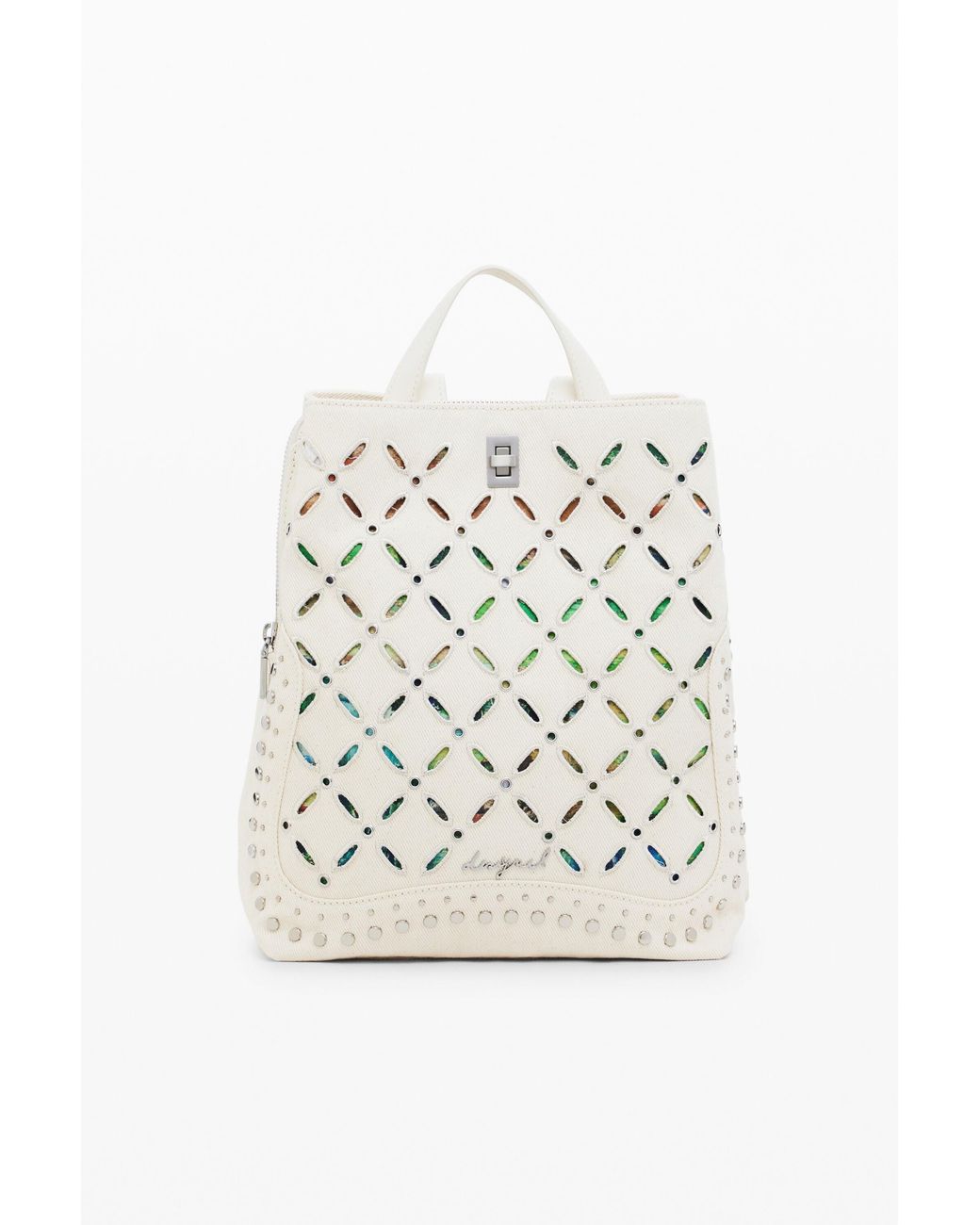 Desigual White Medium Backpack With Perforations And Studs, Cotton