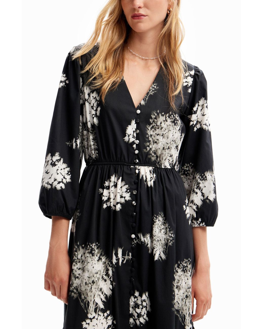 Desigual Black Floral Midi Shirt Dress, Cotton