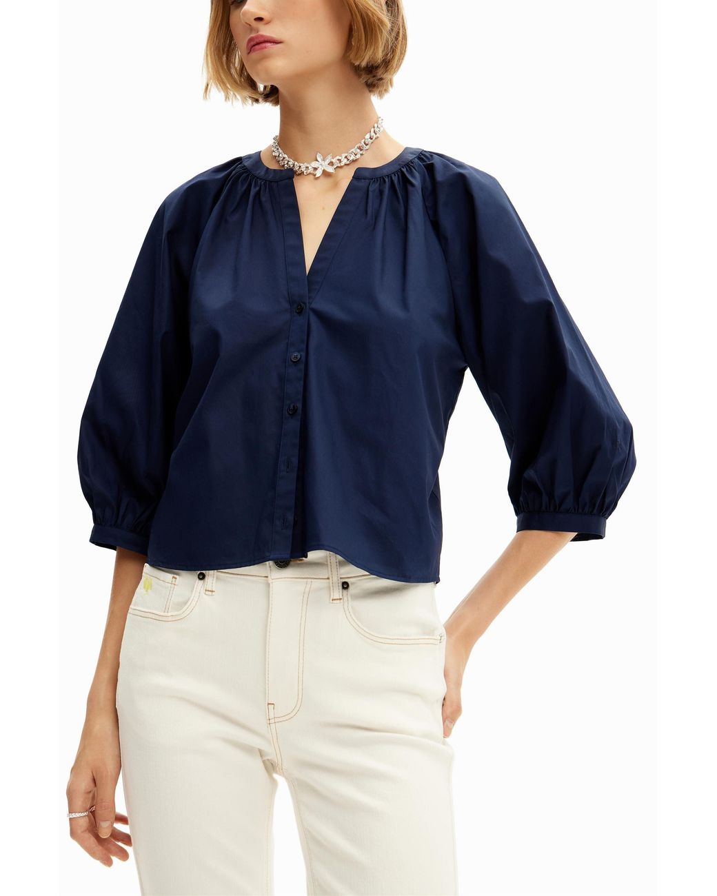 Desigual Blue V-Neck Poplin Blouse, Cotton