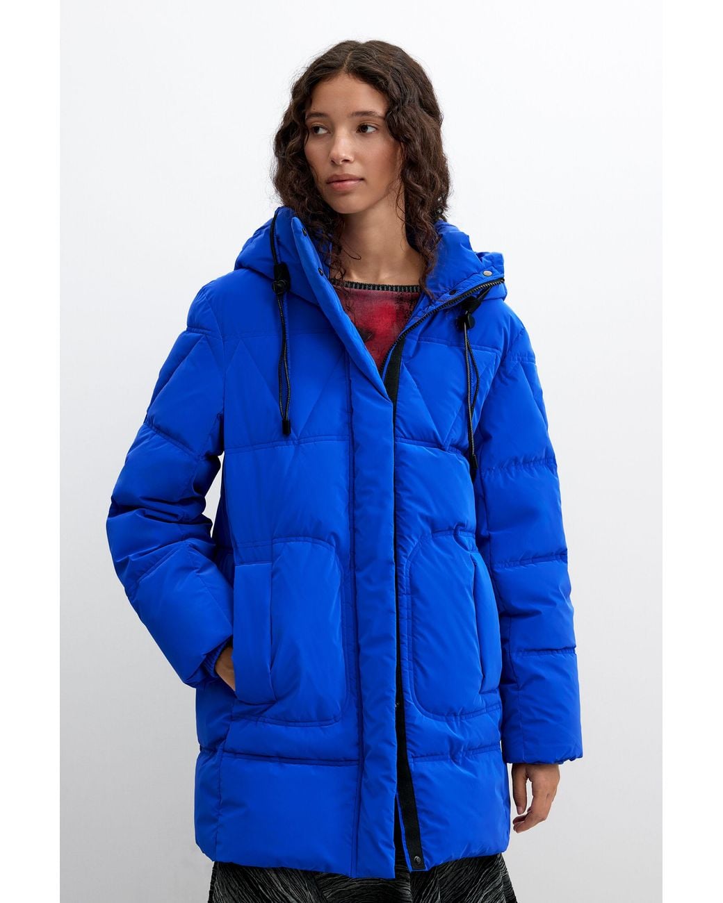 Desigual Blue Long Padded Coat, Polyurethane