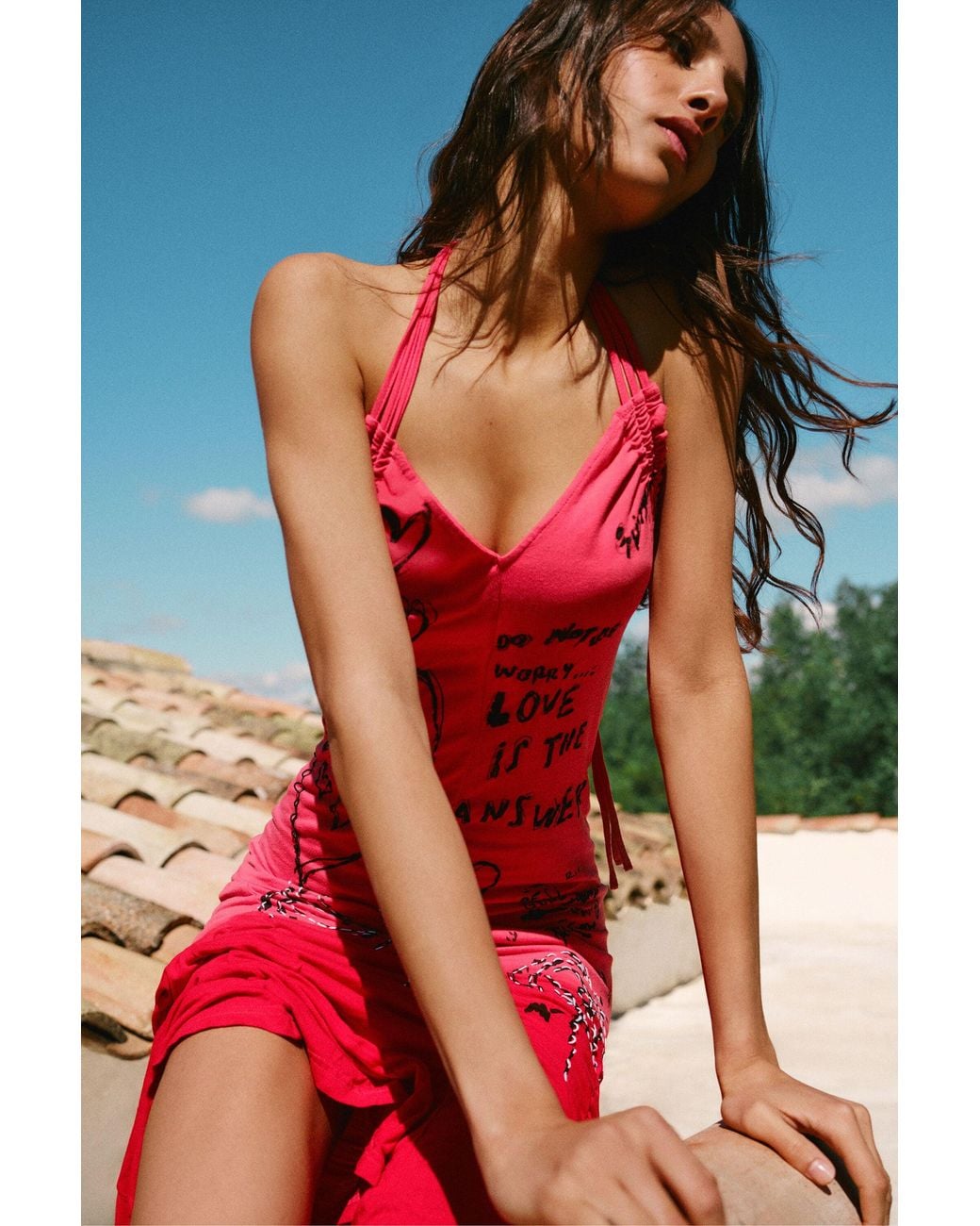 Desigual Red Vintage Halter Lettering Dress, Viscose