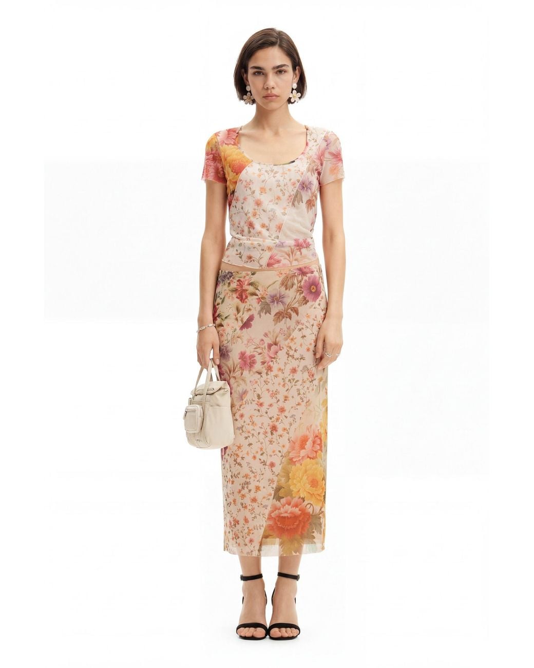Desigual White Tulle Flower T-Shirt, Polyester
