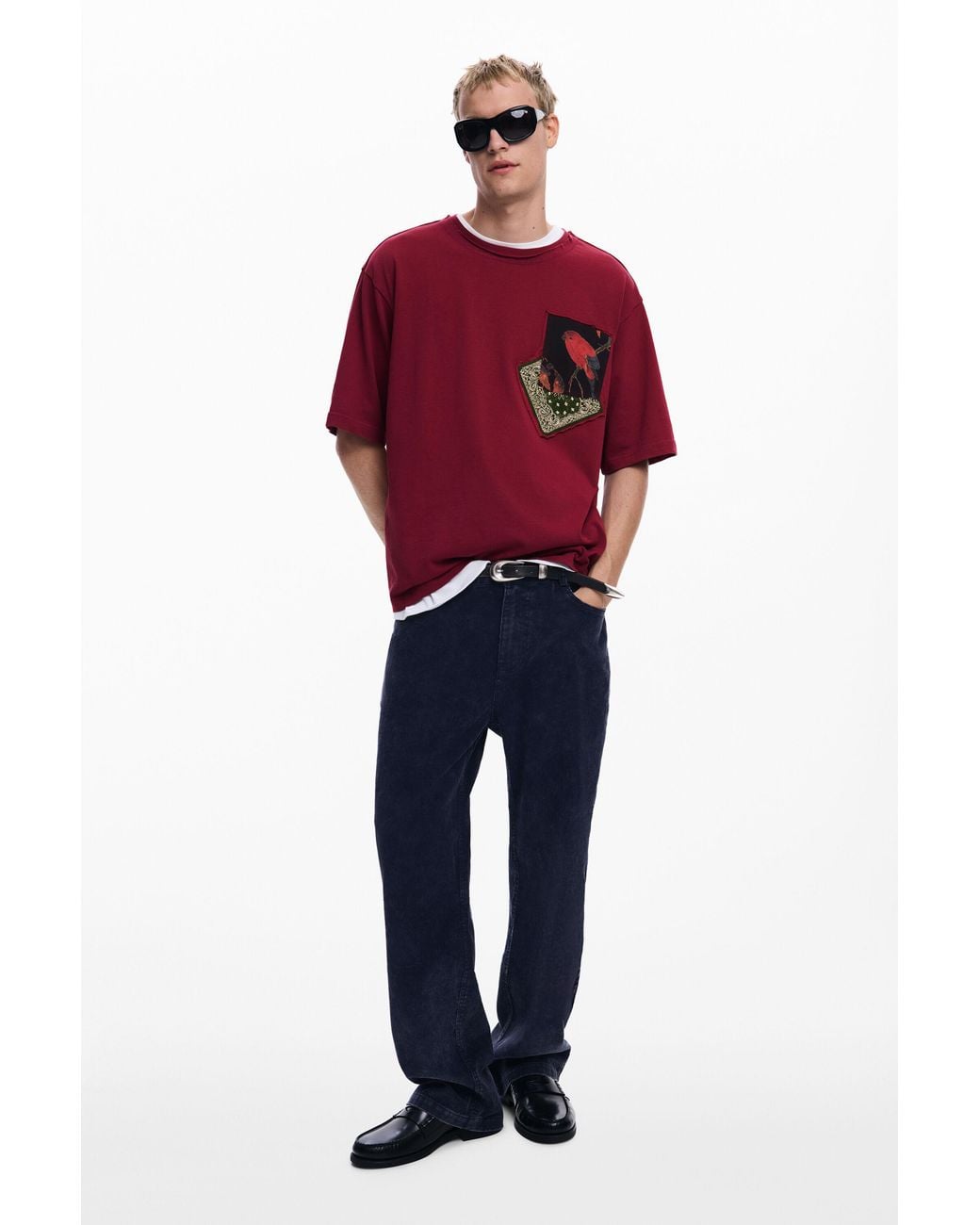 Desigual Red T-Shirt With Bird Patches, Cotton for men