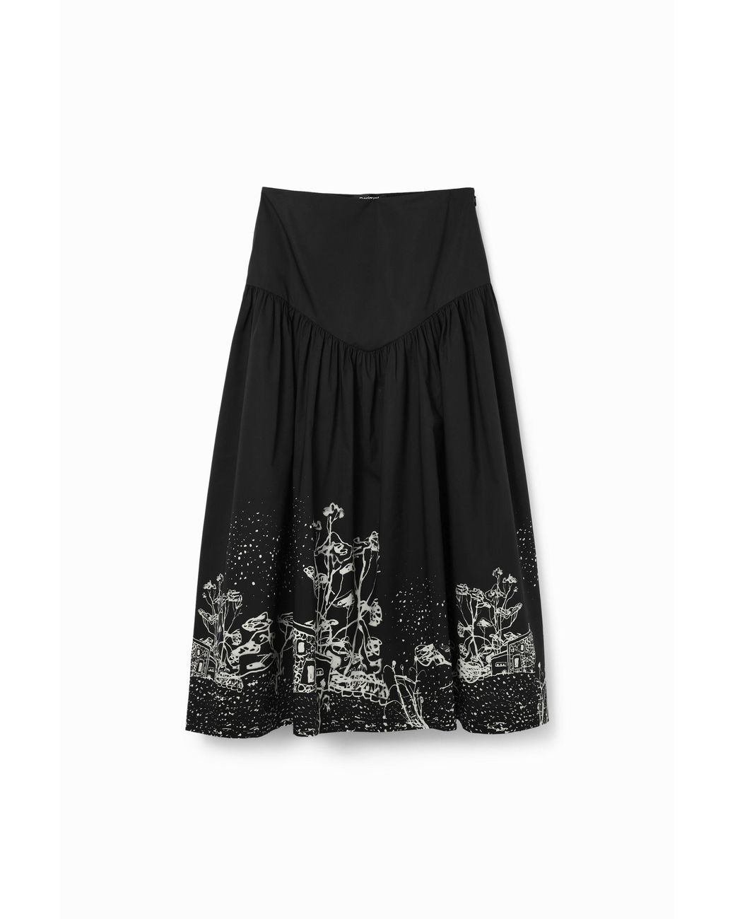 Desigual Black Poplin Landscape Midi Skirt, Cotton