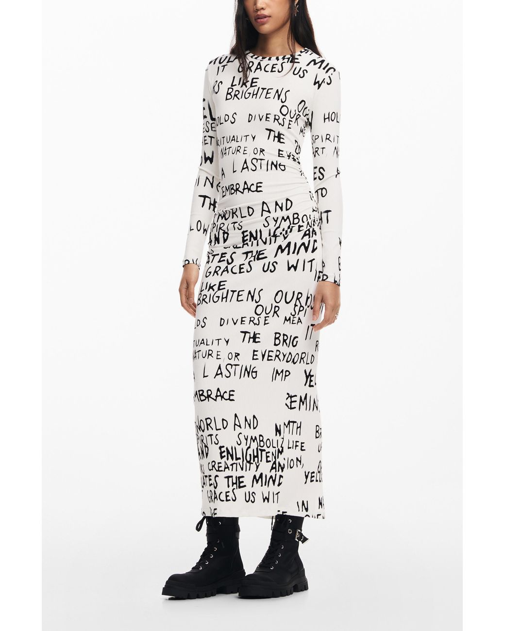 Desigual White Midi Dress With Phrase, Viscose