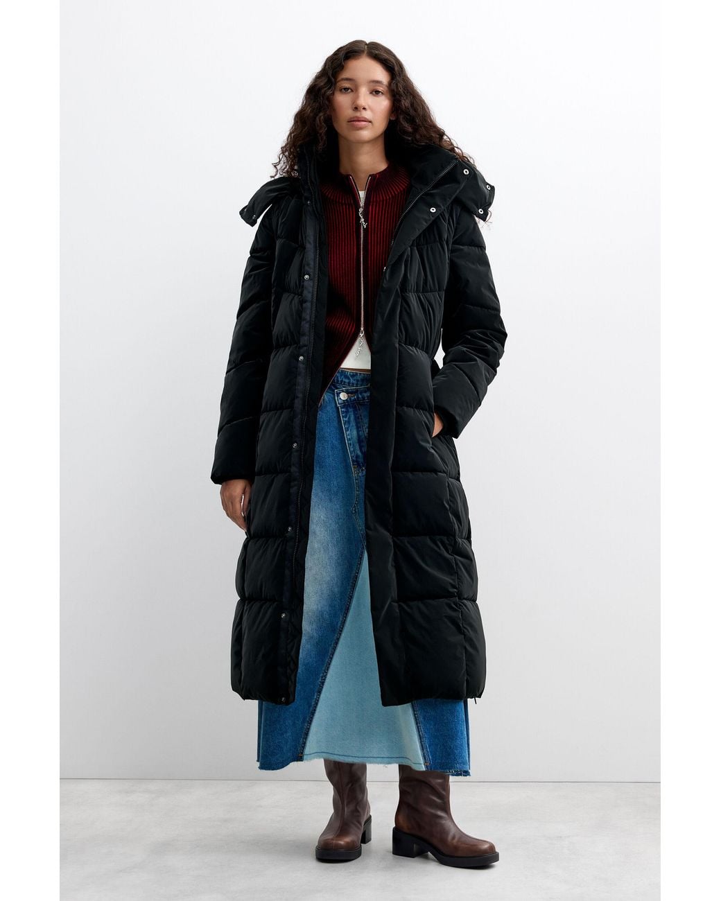 Desigual Blue Long Padded Coat, Polyurethane