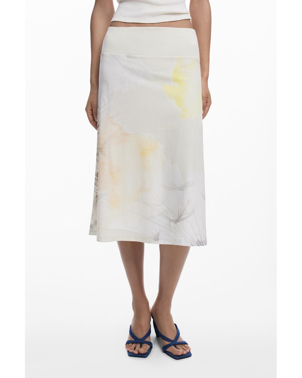 Desigual White Midi Skirt With Elastic Waistband, Cotton