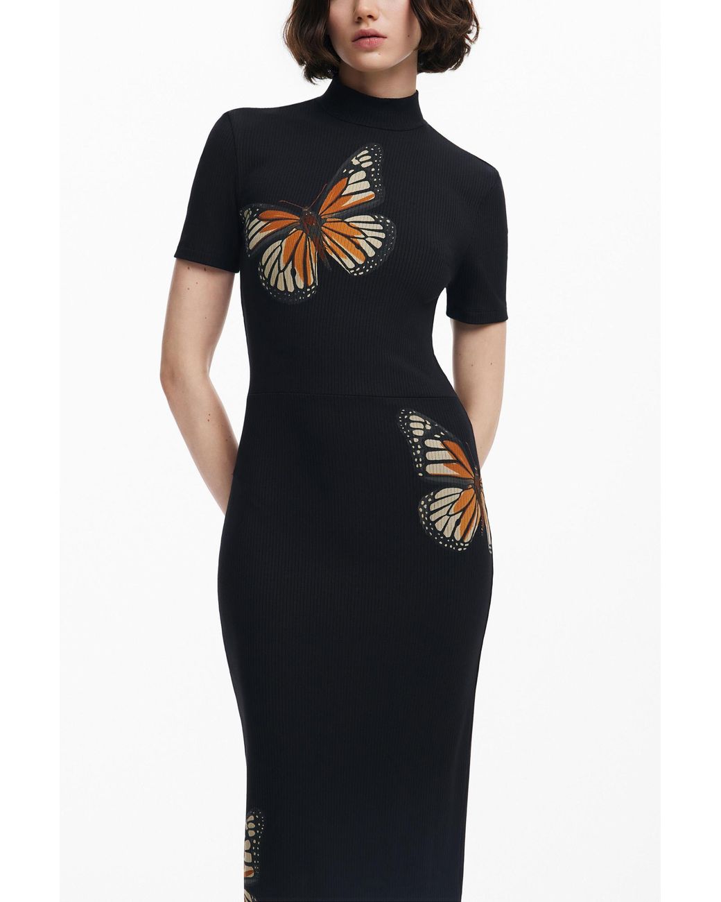 Desigual Black Slim Midi Butterfly Dress, Viscose