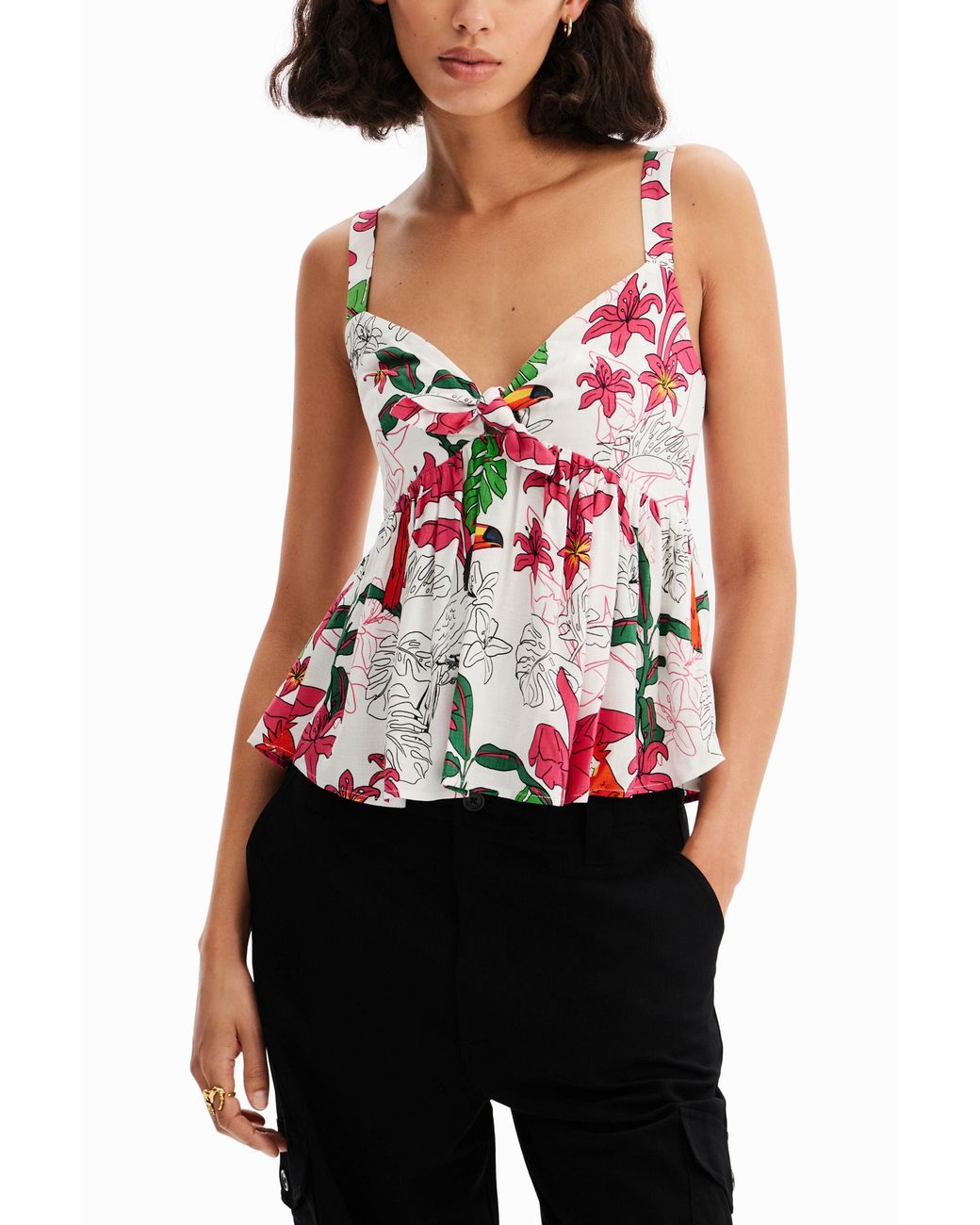 Desigual White Tropical Strap Top, Viscose