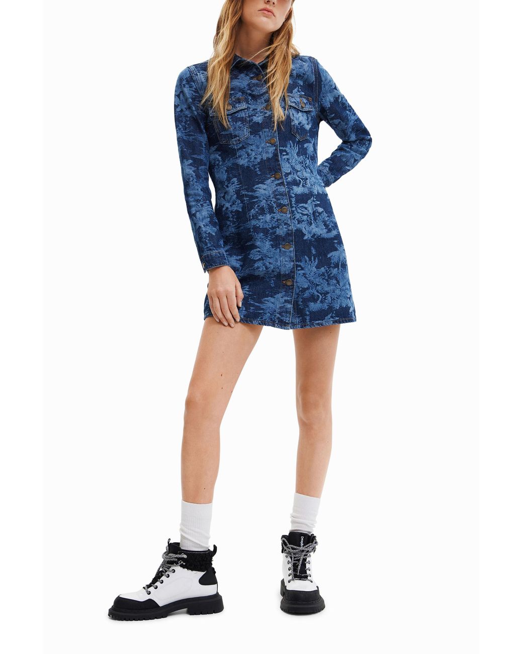 Desigual Blue Short Tropical Denim Dress, Cotton