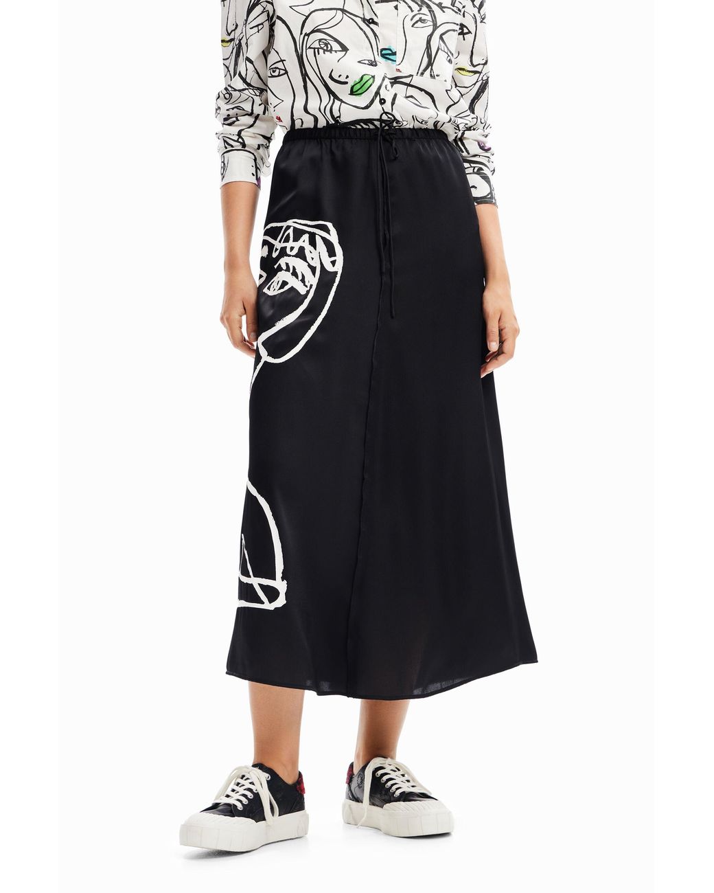 Desigual Black Arty Face Midi Skirt, Polyester