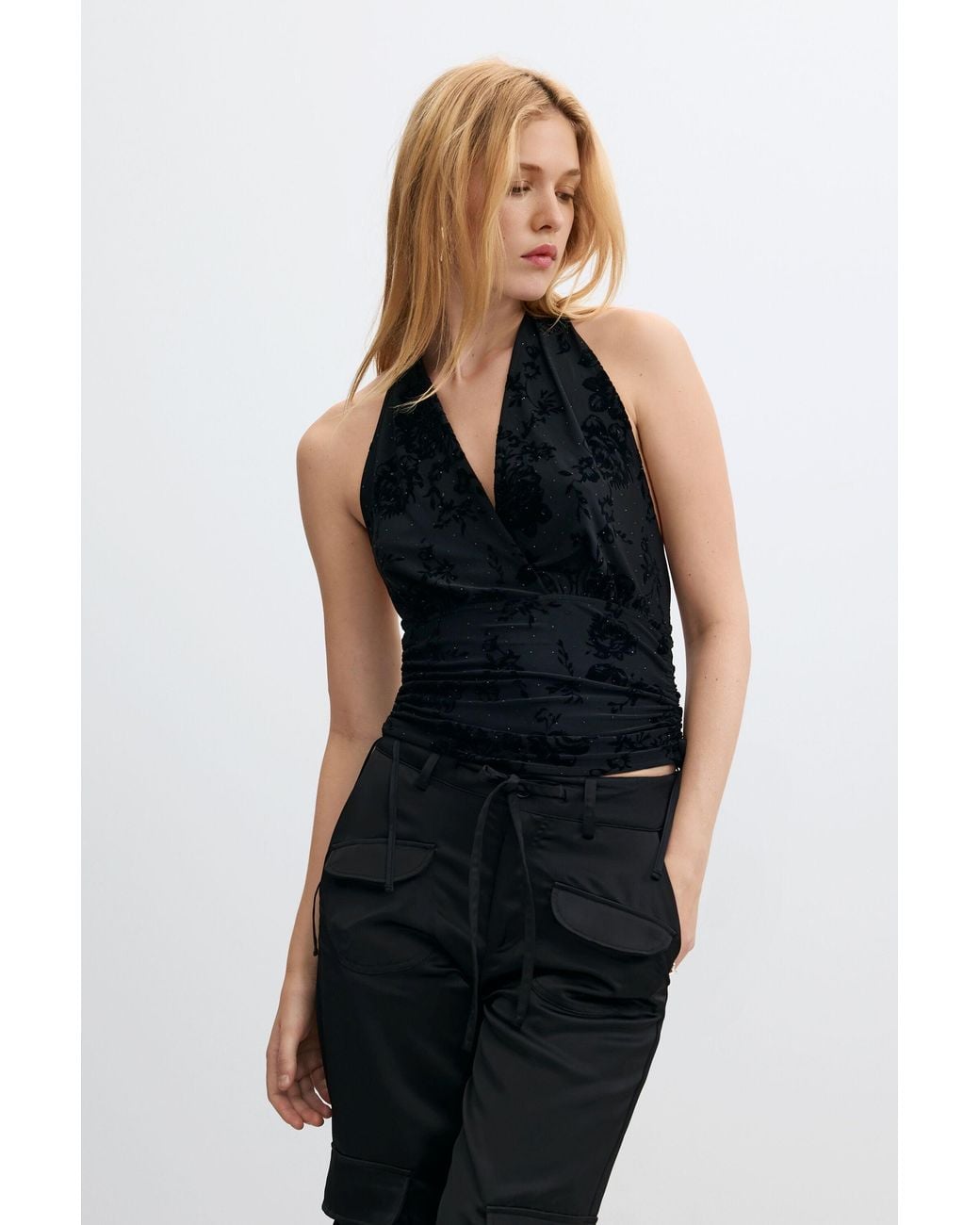 Desigual Black Halter T-Shirt With Flocked Rhinestones, Polyester