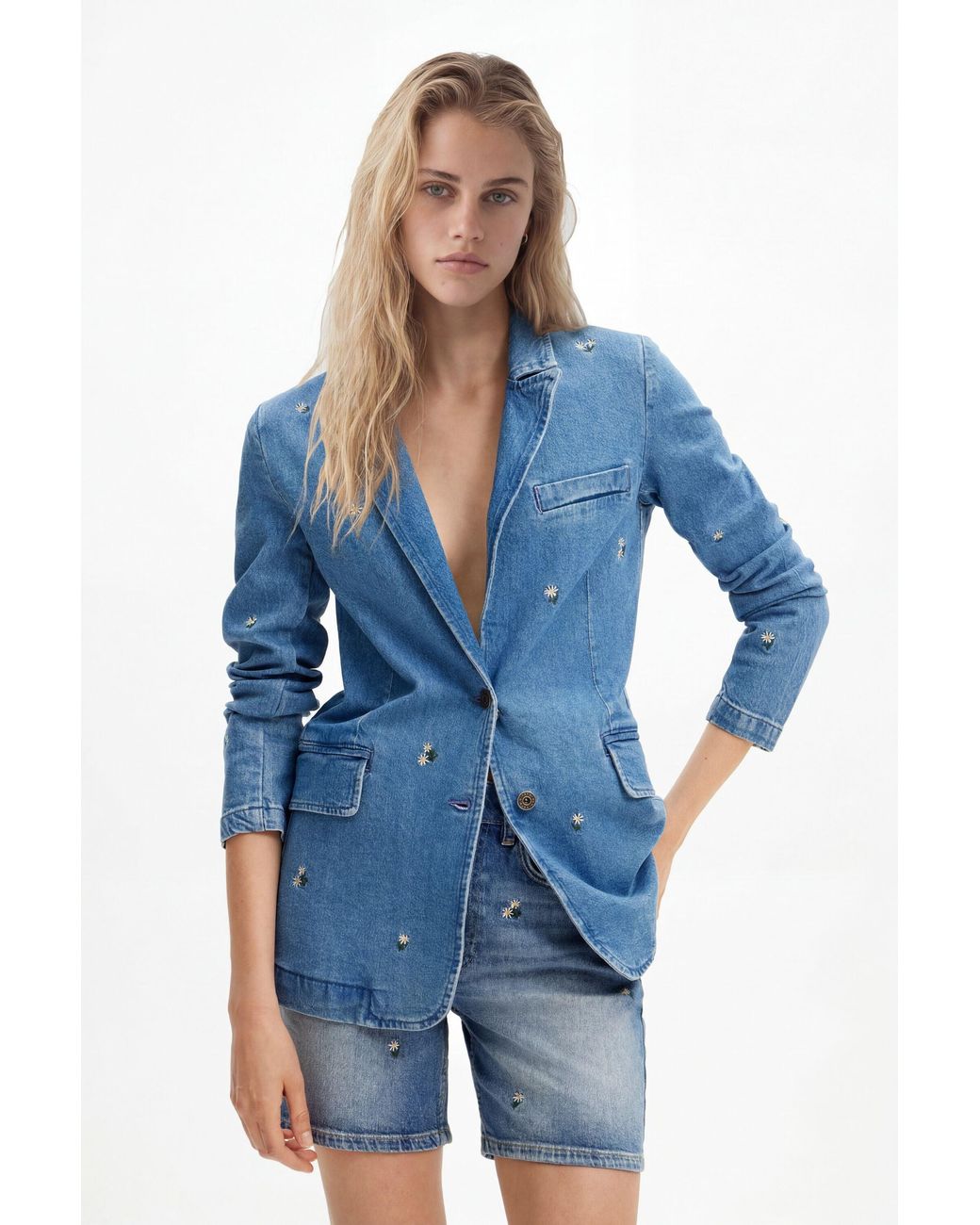 Desigual Blue Denim Blazer With Small Flowers, Cotton