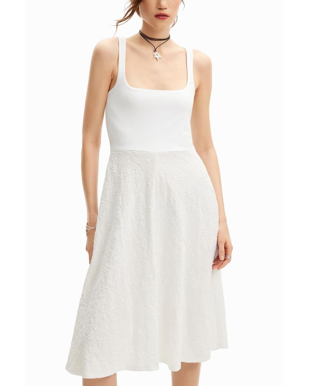 Desigual White A-Line Midi Dress, Cotton