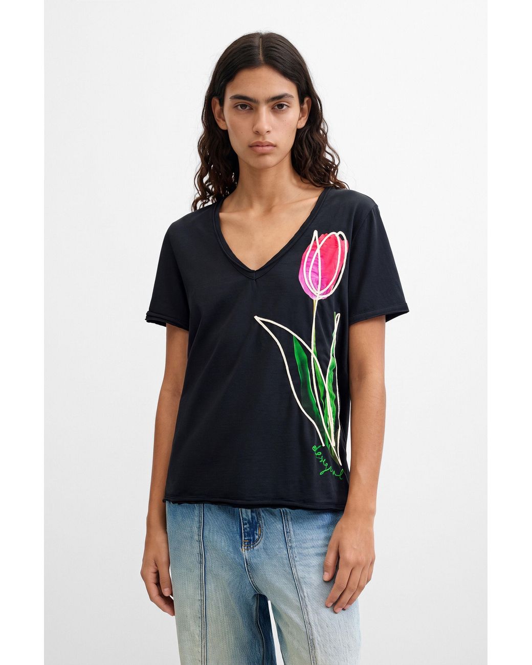 Desigual Black Floral Print T-Shirt 100% Cotton, Cotton