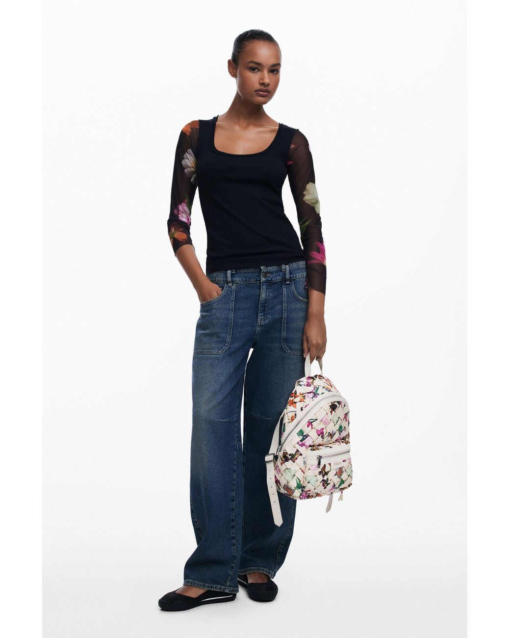 Desigual White Small Floral Backpack, Polyurethane