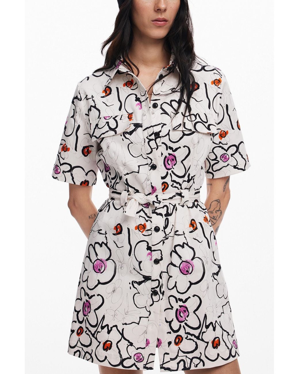 Desigual White Dress With Drawn Flowers, Cotton