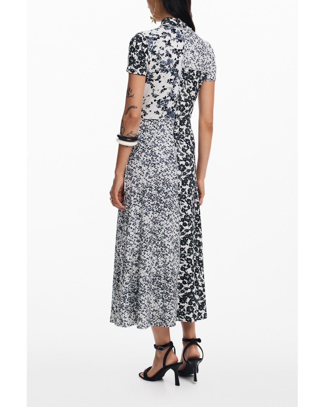 Desigual White Floral Mock-Neck Midi Dress
