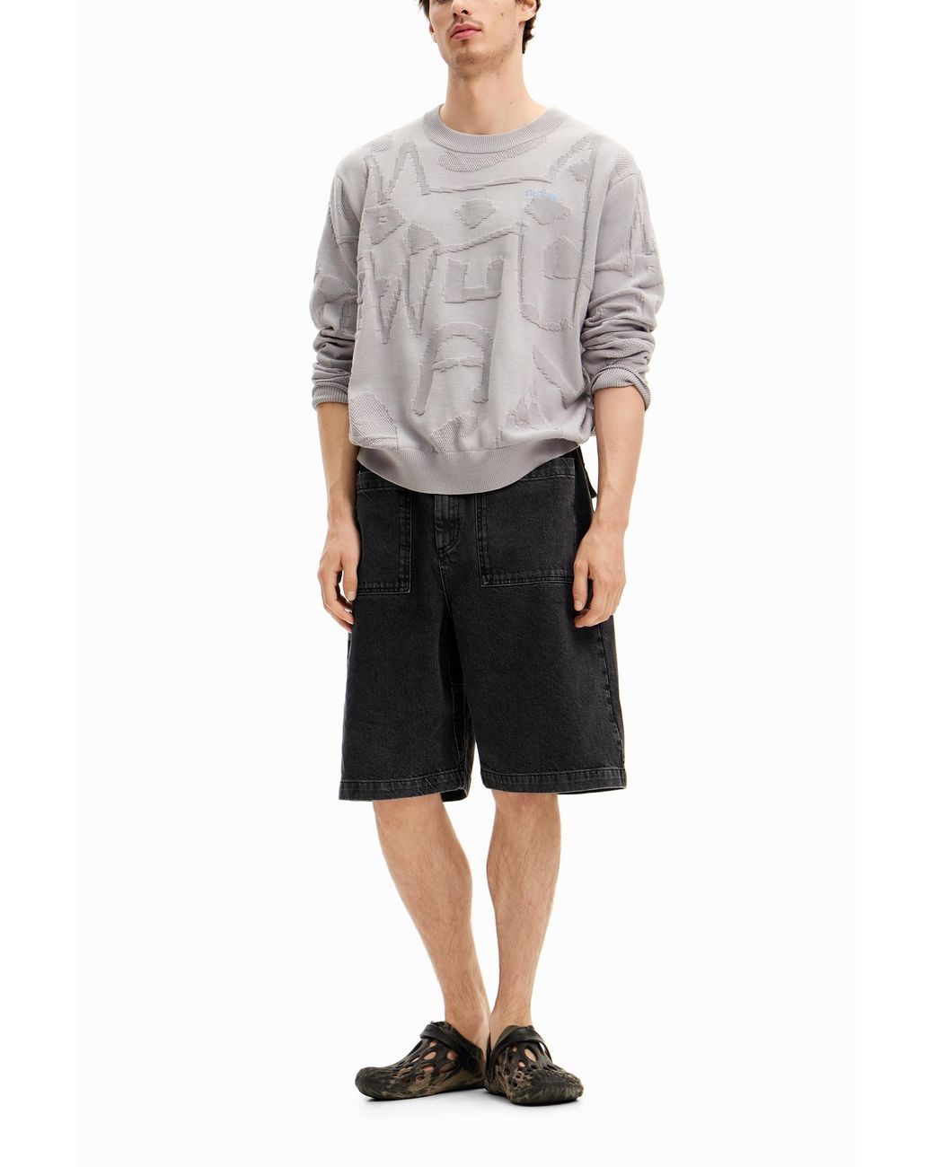 Desigual White Textured Knit Sweater, Cotton for men