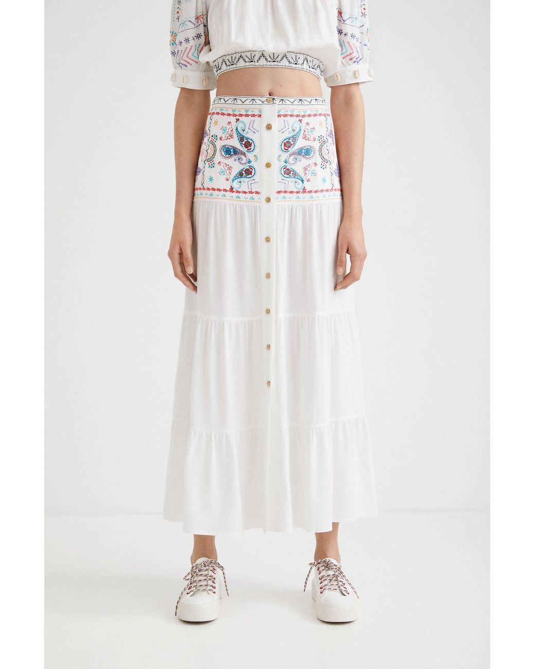 Desigual White Long Paisley Skirt