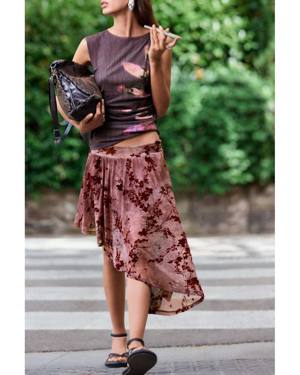 Desigual Red Asymmetrical Flocked Skirt, Polyester