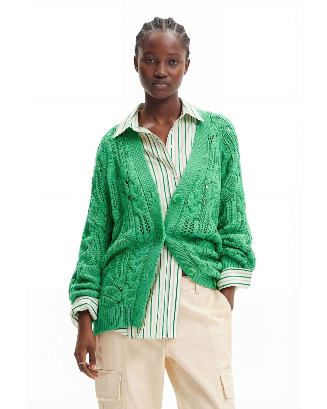 Desigual Green Oversize Openwork Cardigan