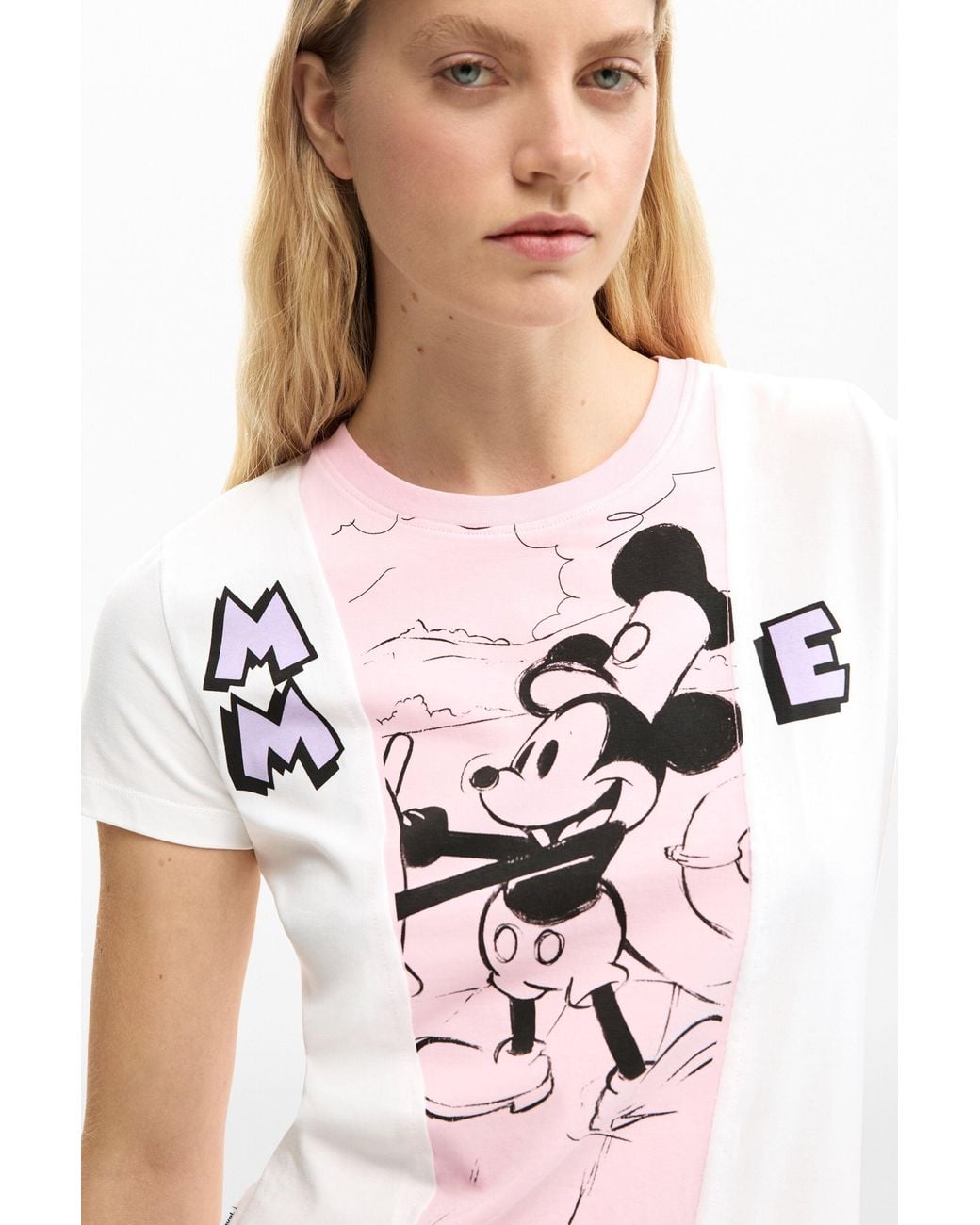 Desigual White Two-Tone Mickey Mouse T-Shirt, Cotton