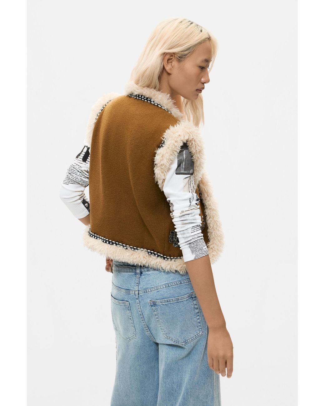Desigual Blue Embroidered Fur Vest