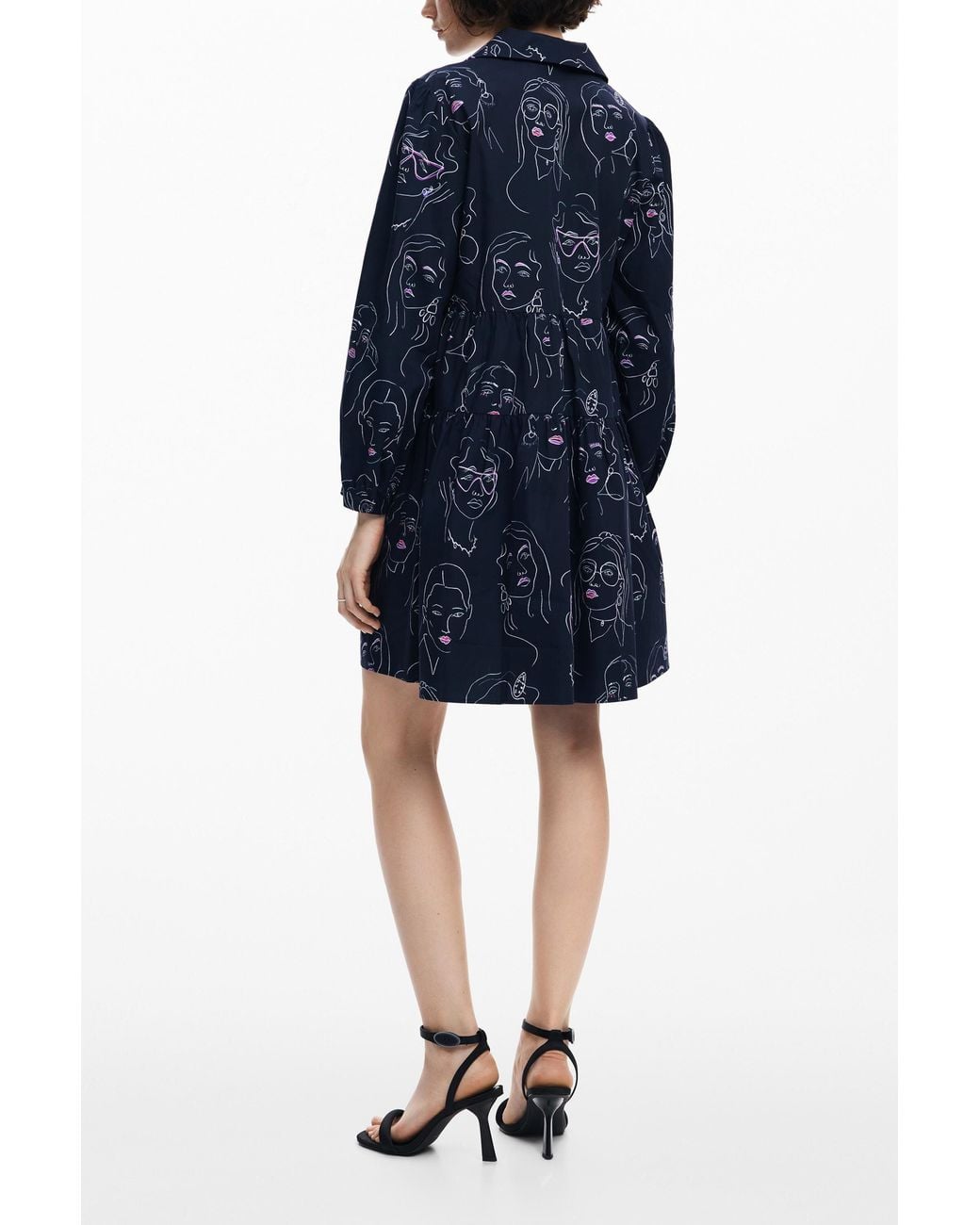 Desigual Blue Mini Dress With Faces, Cotton