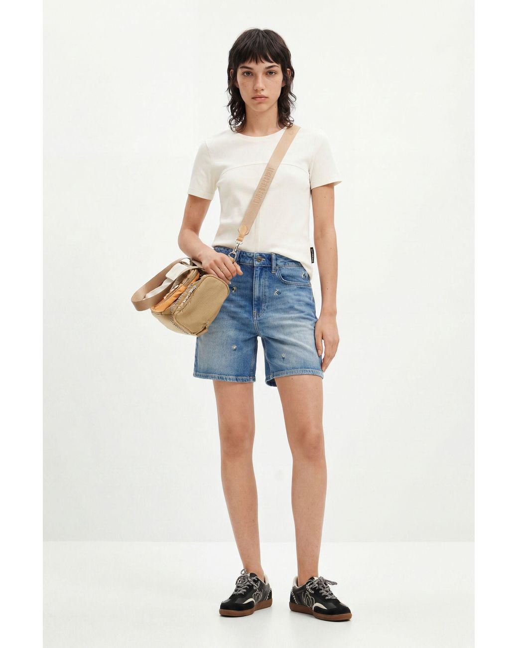 Desigual Blue Denim Shorts With Small Flower Prints. Cotton
