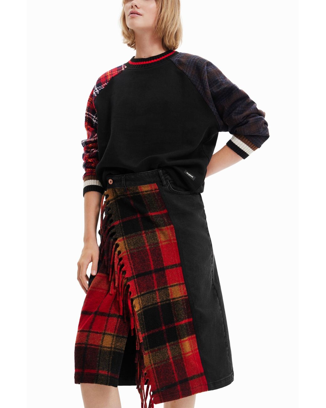 Desigual Red Tartan Denim Midi Skirt, Cotton