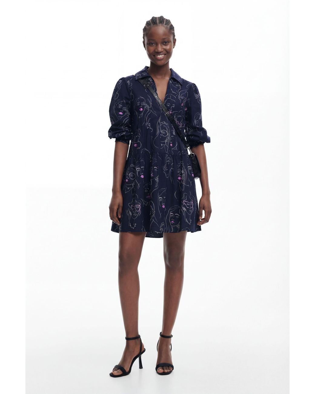 Desigual Blue Mini Dress With Faces, Cotton