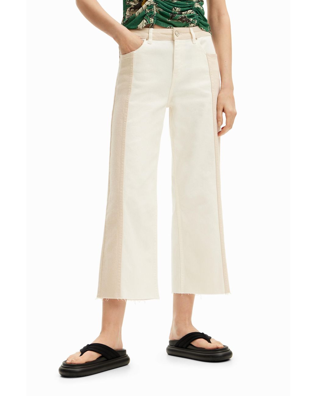 Desigual White Two-Tone Cropped Trousers, Cotton