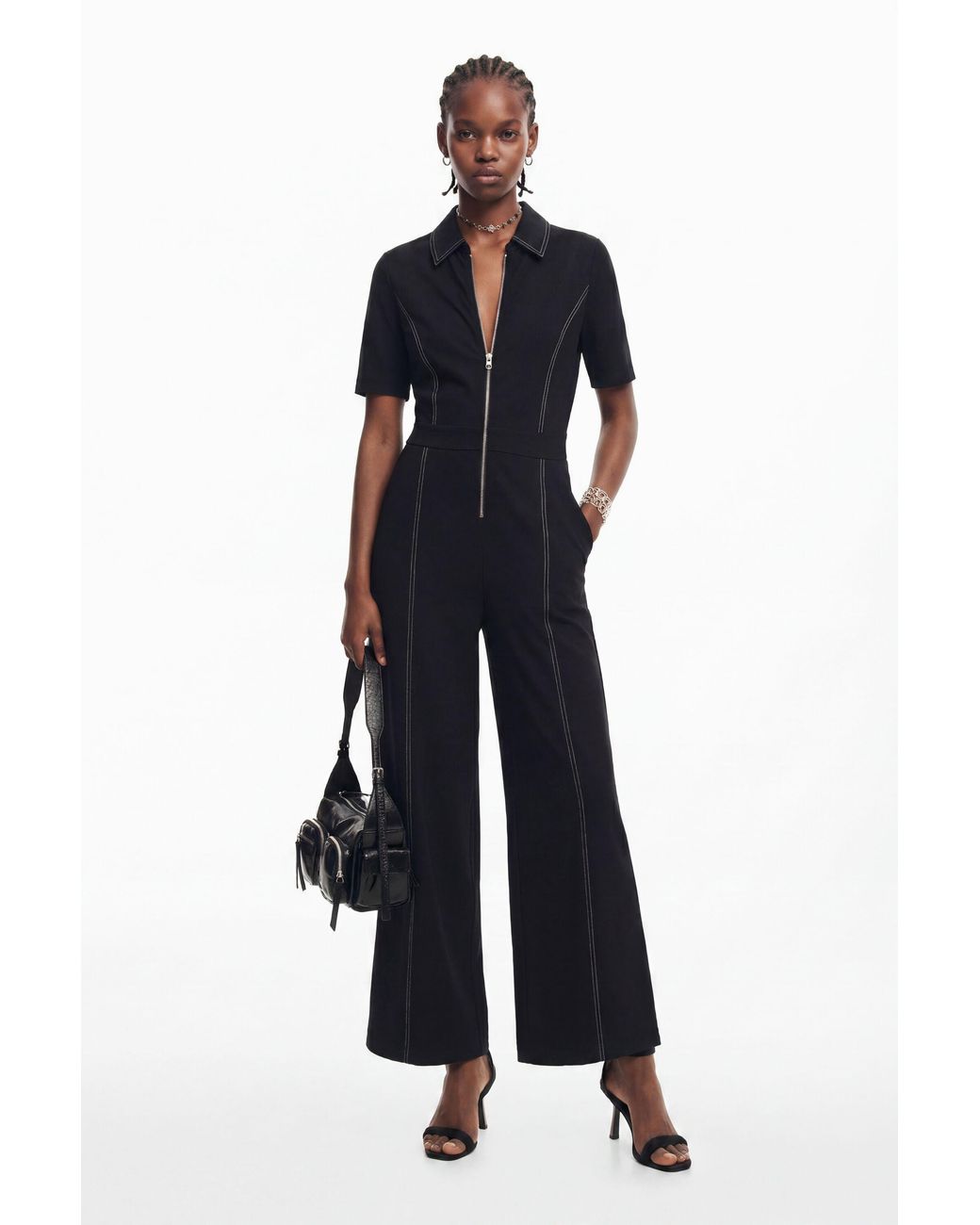 Desigual Black Long Jumpsuit With Topstitching