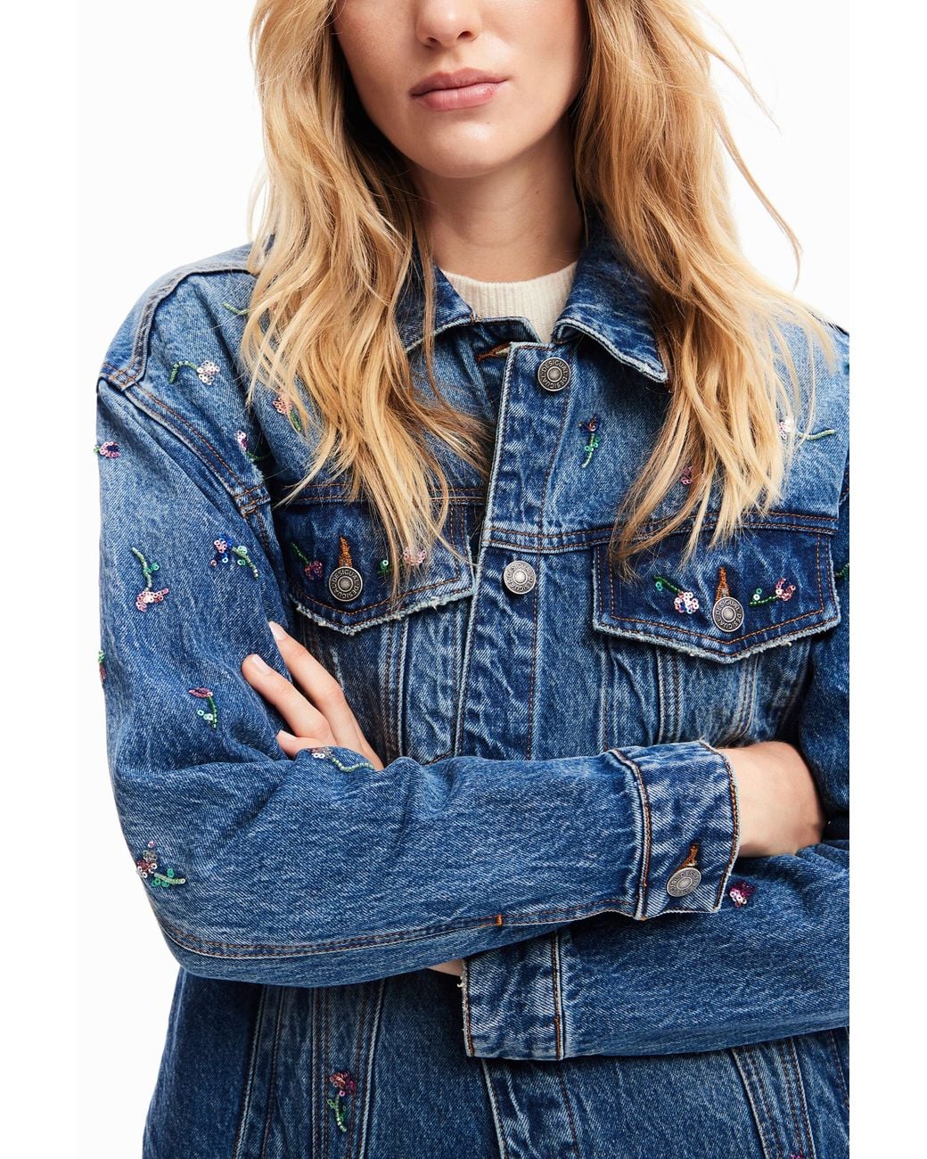 Desigual Blue Floral Denim Trucker Jacket, Cotton