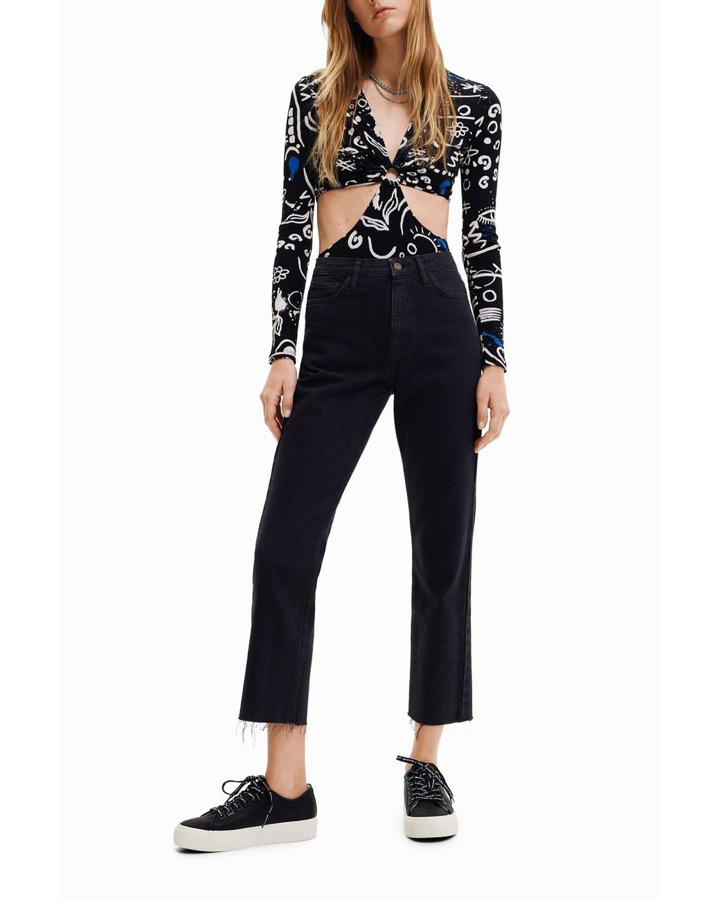 Desigual Black Hand-Drawn Illustration Cut-Out Body, Viscose