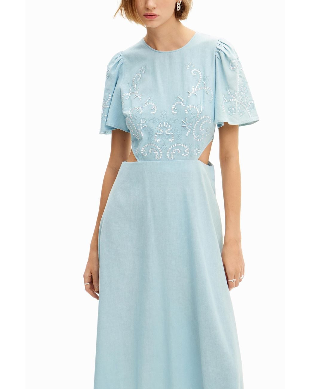 Desigual Blue Embroidered Cut-Out Midi Dress