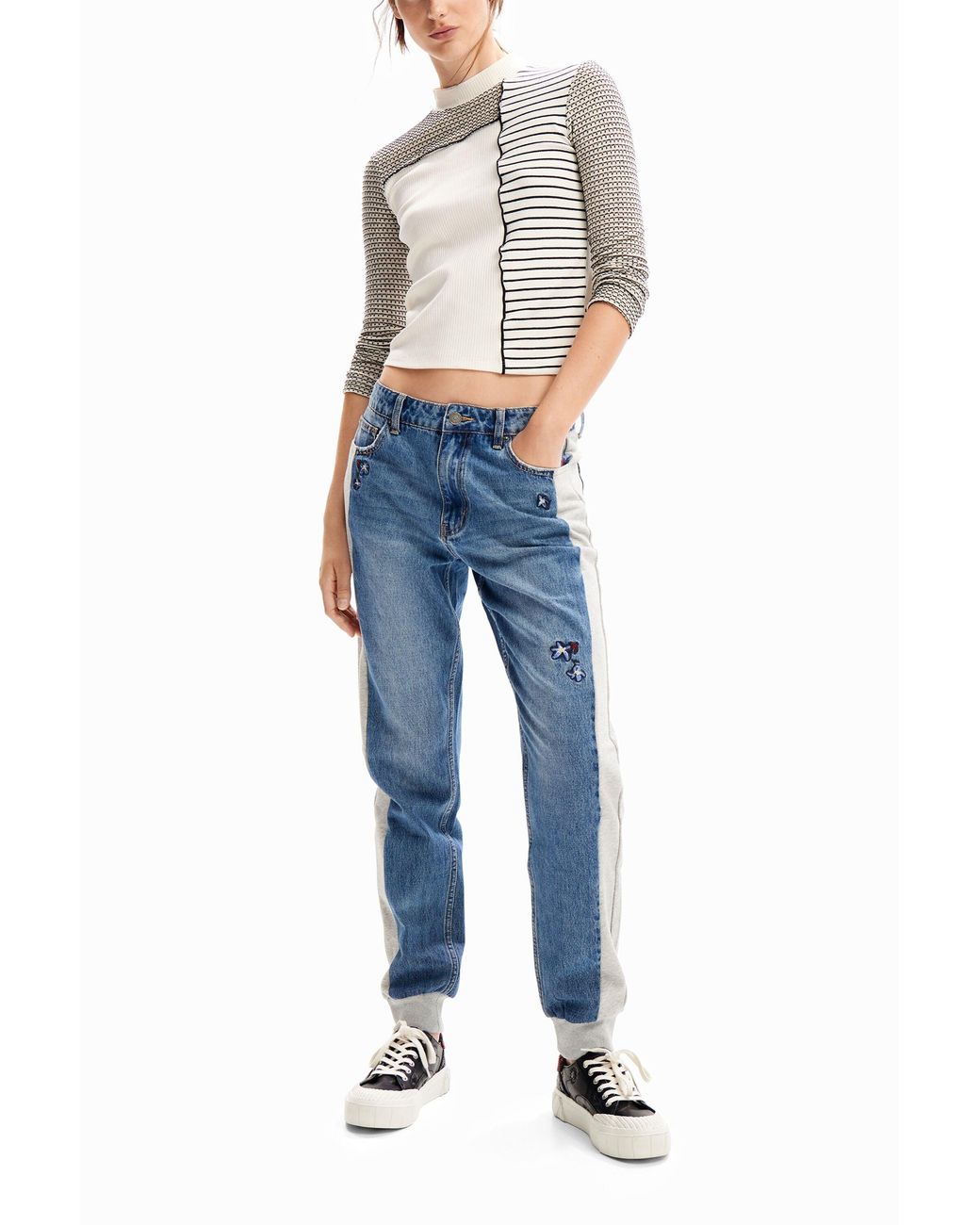 Desigual Blue Slim Striped Patchwork T-Shirt