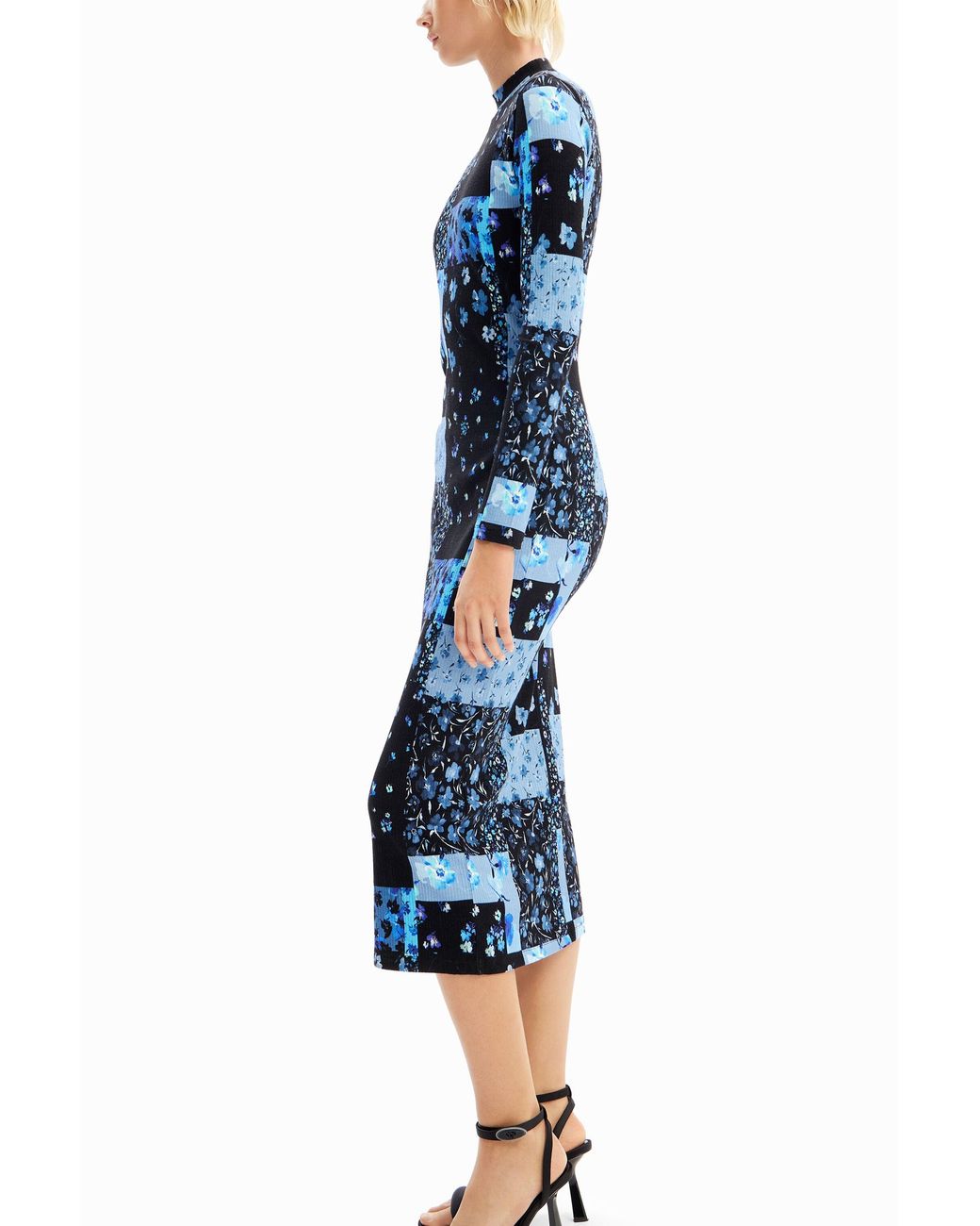 Desigual Blue Floral Ribbed Midi Dress, Viscose