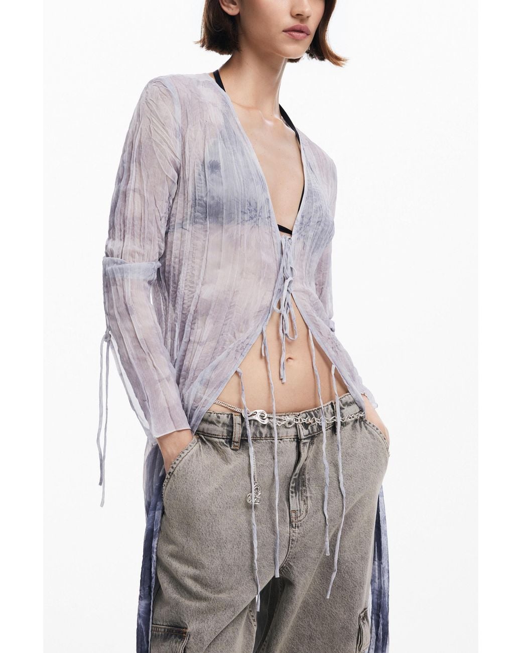 Desigual Gray V-Neck Blouse With Ruffles, Polyester
