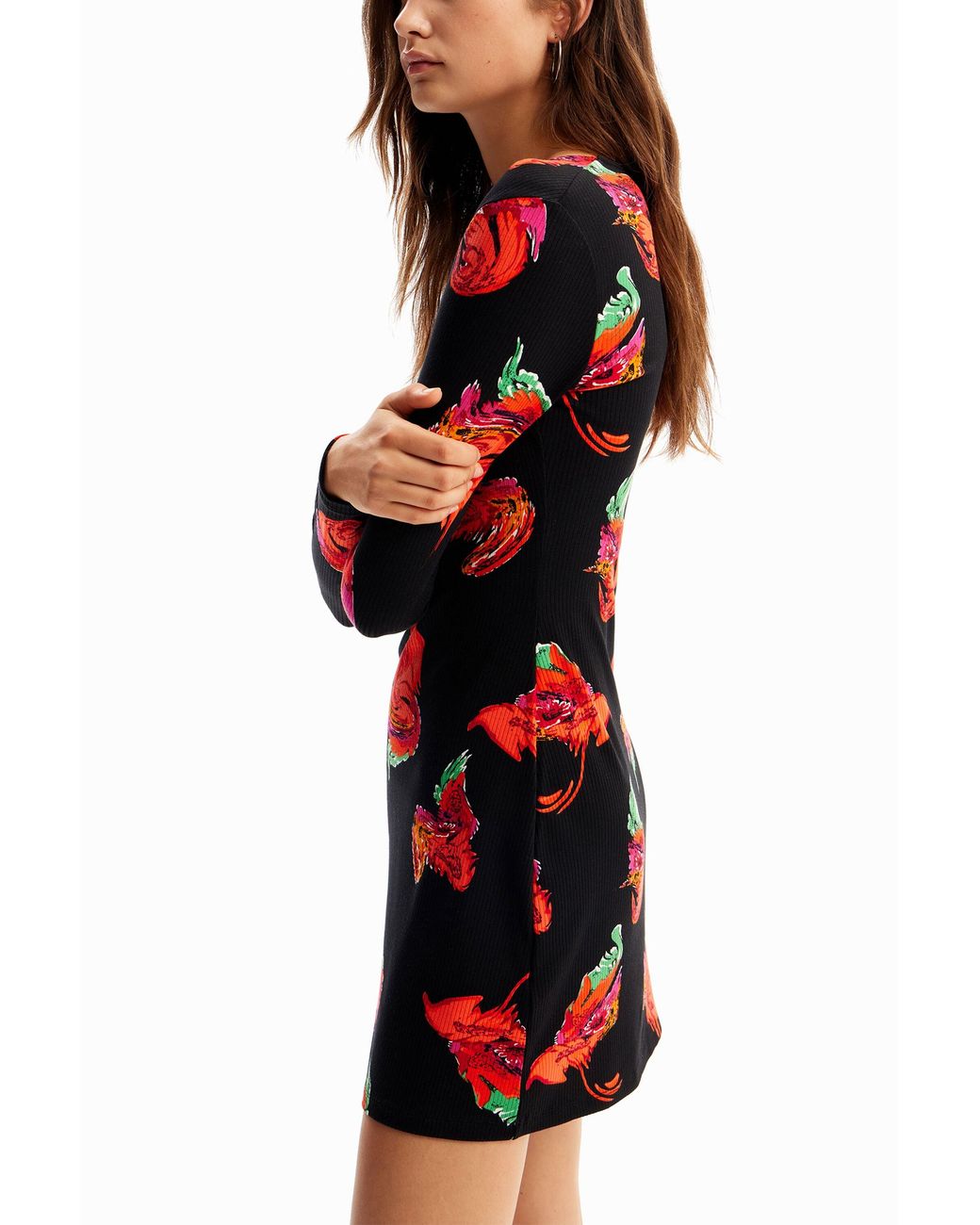Desigual Red Ribbed Floral Mini Dress, Viscose
