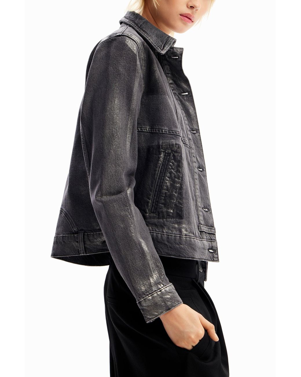 Desigual Black Metallic Denim Trucker Jacket, Cotton