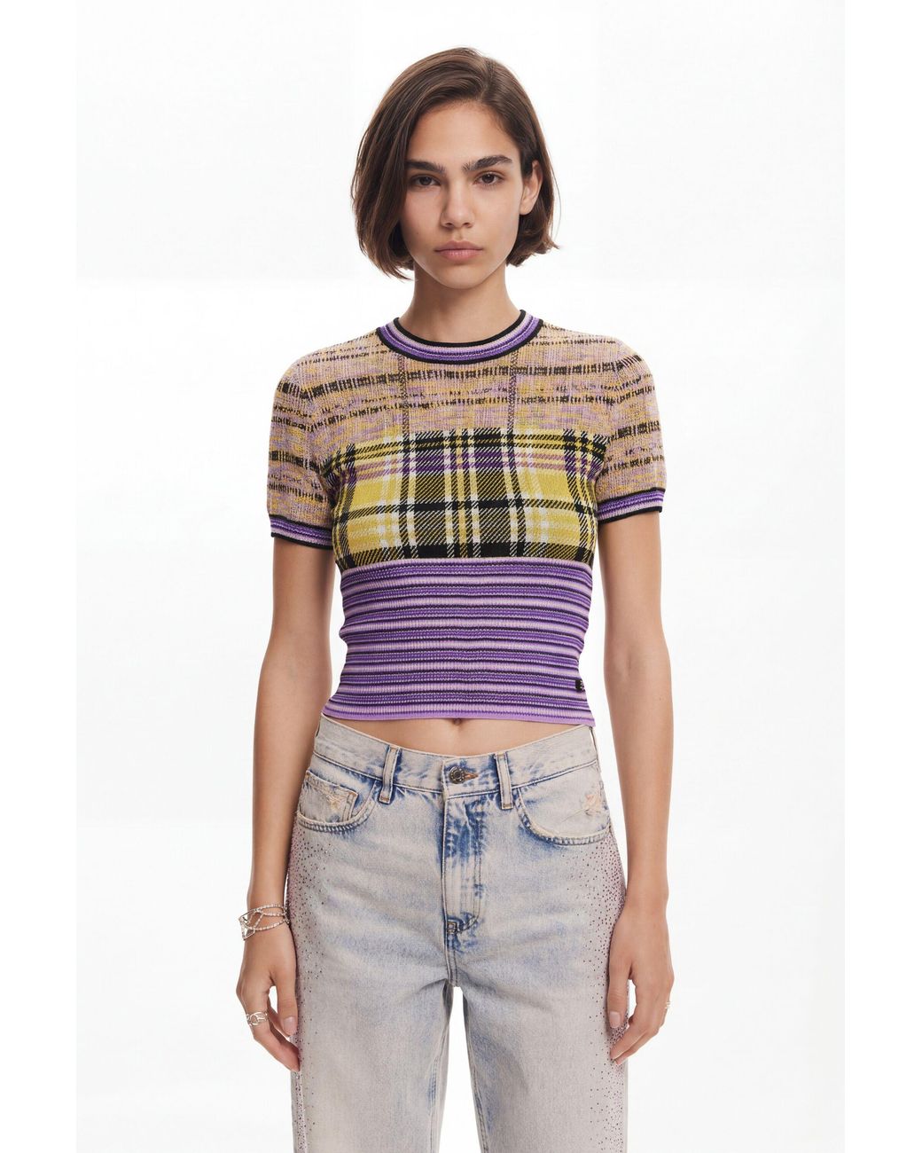 Desigual White Checkered Knit T-Shirt
