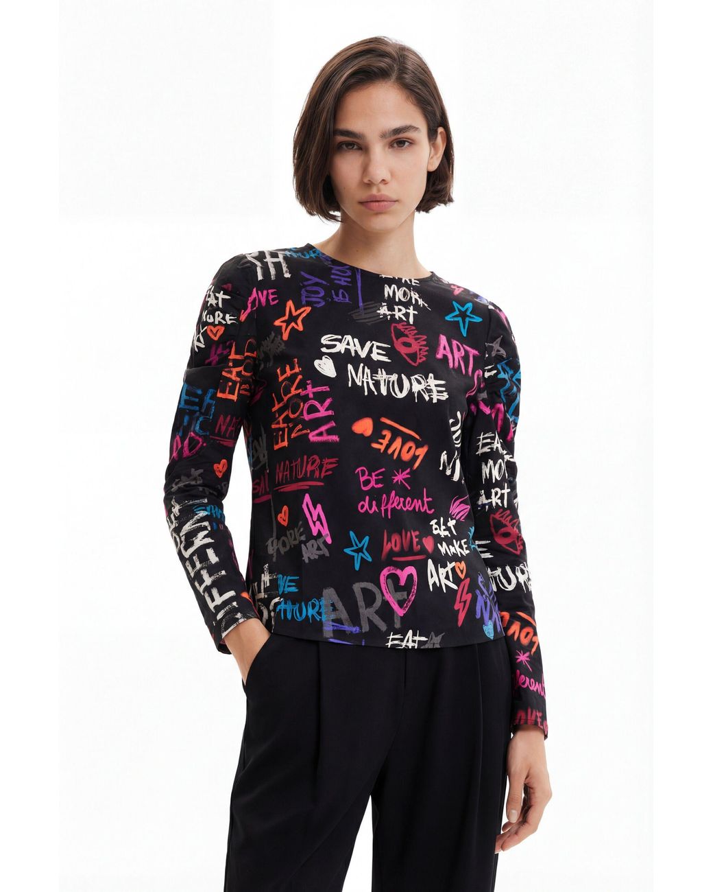 Desigual Blue Balloon-Sleeve Blouse With Text, Cotton