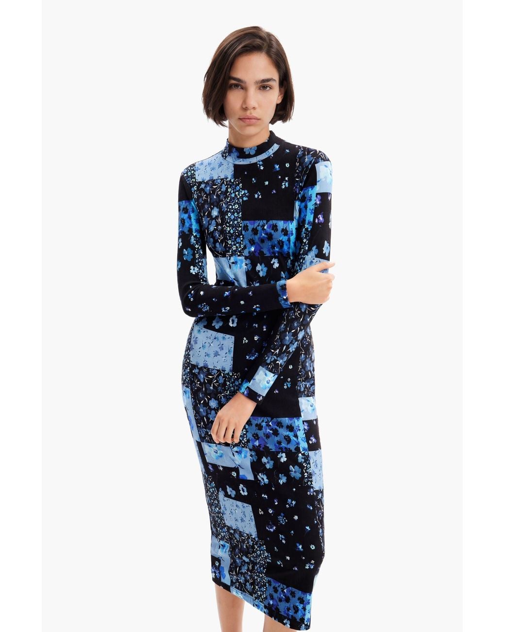 Desigual Blue Floral Ribbed Midi Dress, Viscose